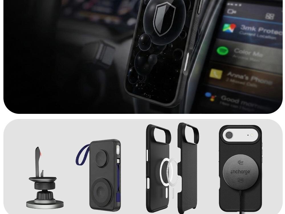 Na górze zdjęcia widać telefon w czarnym etui z widocznym logo tarczy na ekranie. Na dole przedstawiono różne ujęcia czarnego etui z dodatkowymi akcesoriami, w tym uchwyt i ładowarka z logo \'4ncharge\'.