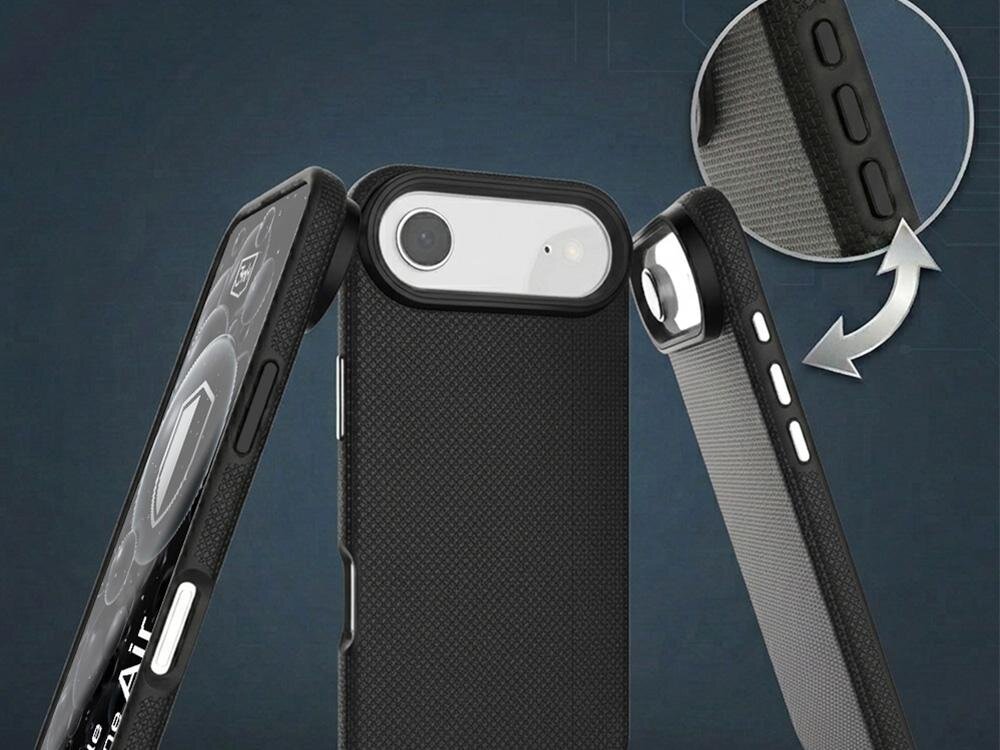 Obraz przedstawia czarne etui na telefon z teksturowaną powierzchnią, z widocznymi przyciskami bocznymi. W tle widać telefon z napisem \'iPhone Air\'.