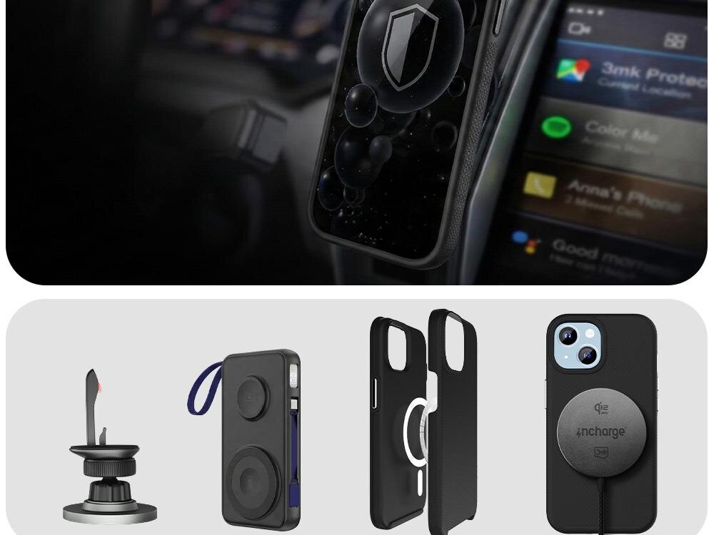 Na górze zdjęcia widać telefon w etui z widocznym logo tarczy, umieszczony w uchwycie samochodowym. Na dole przedstawiono różne akcesoria do telefonu, w tym uchwyt, etui z miejscem na karty oraz etui z funkcją ładowania bezprzewodowego z logo \'4charge\'.