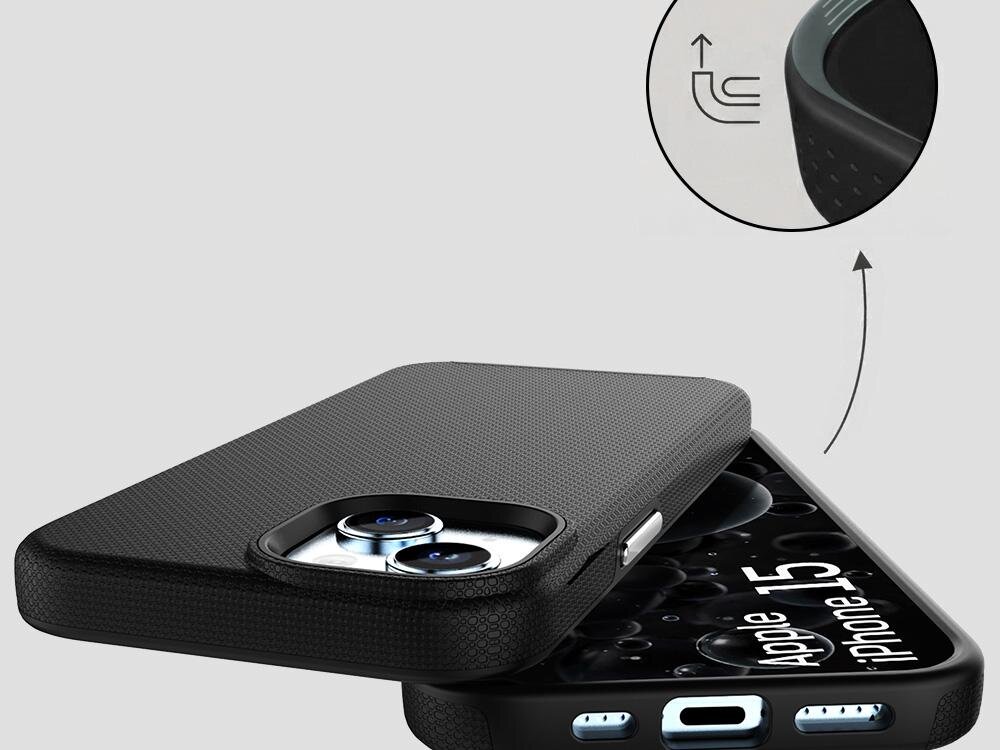 Czarne etui na telefon z teksturą, pokazane na modelu telefonu z widocznymi aparatami. W okrągłym powiększeniu widać szczegóły tekstury i kształt etui.