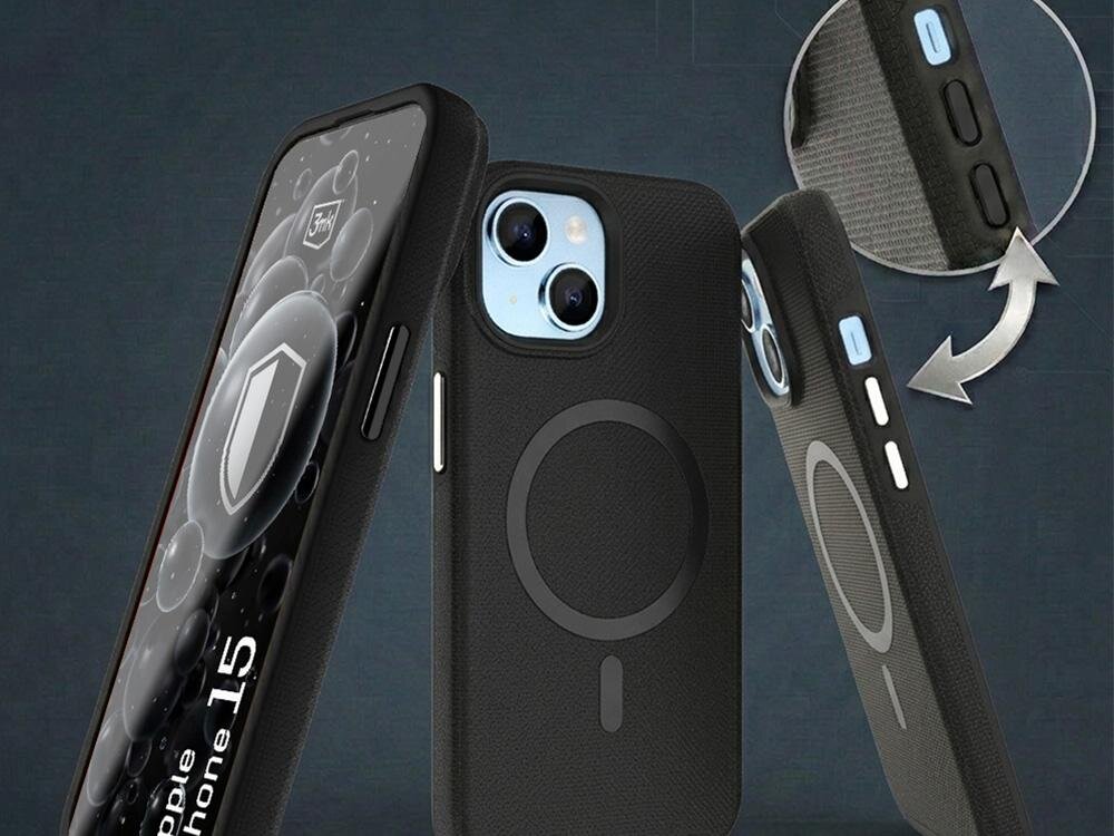 Obraz przedstawia czarne etui na telefon z widocznym okrągłym wzorem na tylnej części. Etui jest pokazane z różnych perspektyw, a w zbliżeniu widoczne są przyciski boczne.