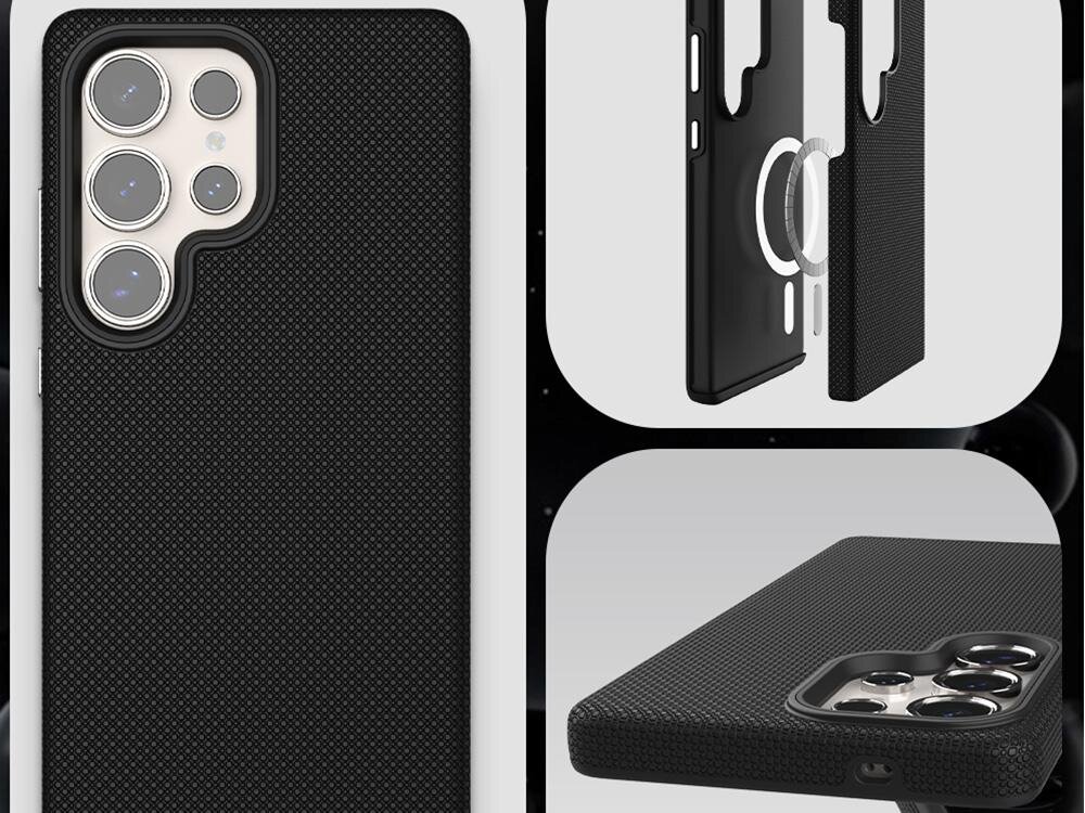 Obraz przedstawia czarne etui na telefon z teksturą, z wycięciem na aparat z kilkoma obiektywami. Etui jest pokazane z różnych perspektyw, w tym z boku i z tyłu.