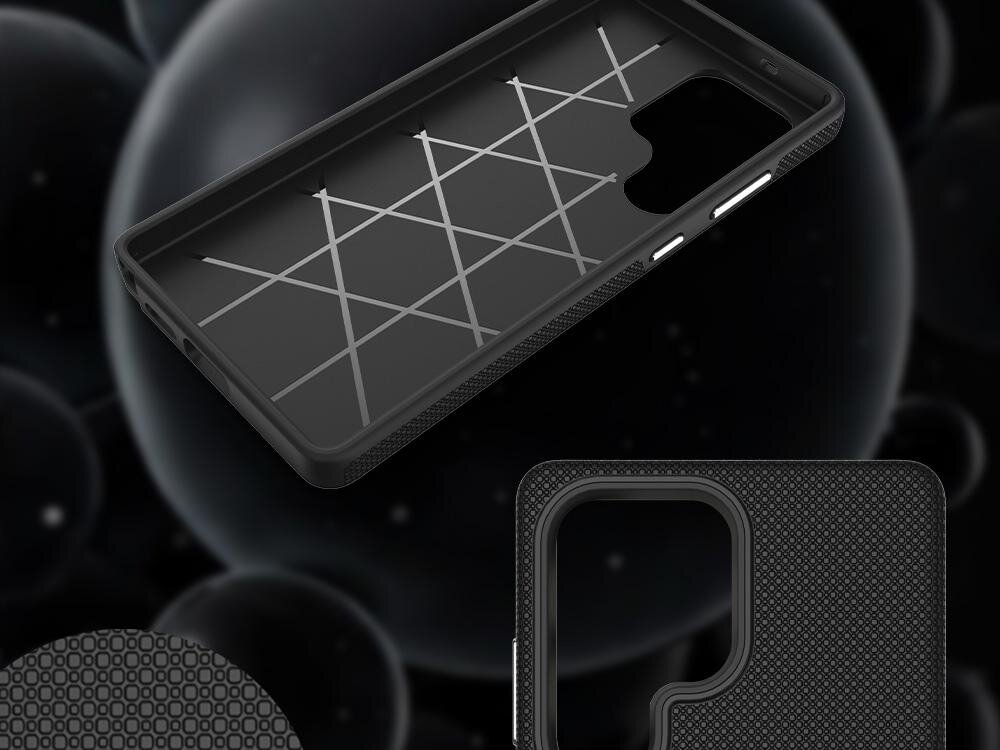Czarne etui z geometrycznym wzorem wewnętrznym, przeznaczone do telefonu z dużym wycięciem na aparat. Tło obrazu jest ciemne z widocznymi okręgami.