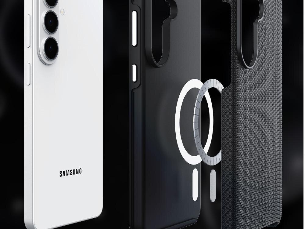 Obraz przedstawia biały telefon z trzema aparatami i logo \'Samsung\', obok którego znajduje się czarne etui z okrągłym wzorem i teksturą na powierzchni. Etui jest pokazane w dwóch częściach, z widocznymi przyciskami i otworami na aparat.