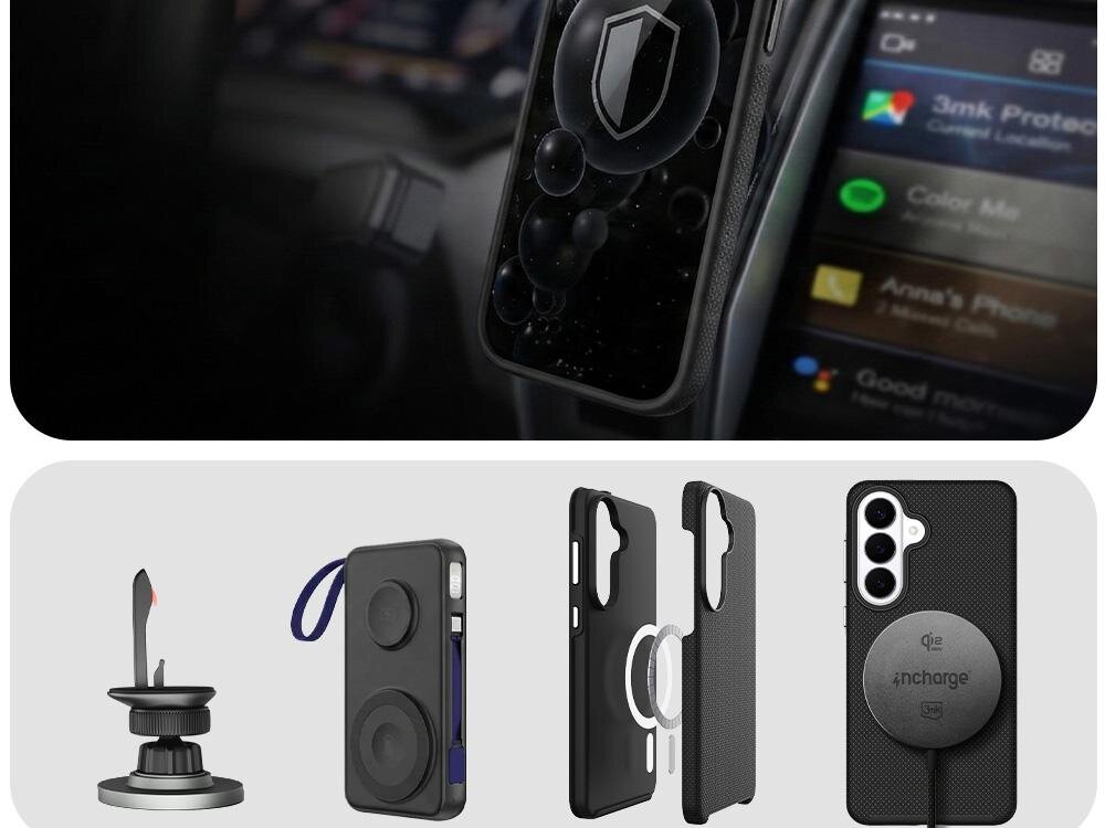 Na górnym zdjęciu widać telefon w etui z widocznym logo tarczy na ekranie, umieszczony w uchwycie samochodowym. Na dolnym zdjęciu przedstawiono różne akcesoria, w tym uchwyt, etui z miejscem na kartę, etui z pierścieniem oraz etui z napisem \'qi 4charge\'.