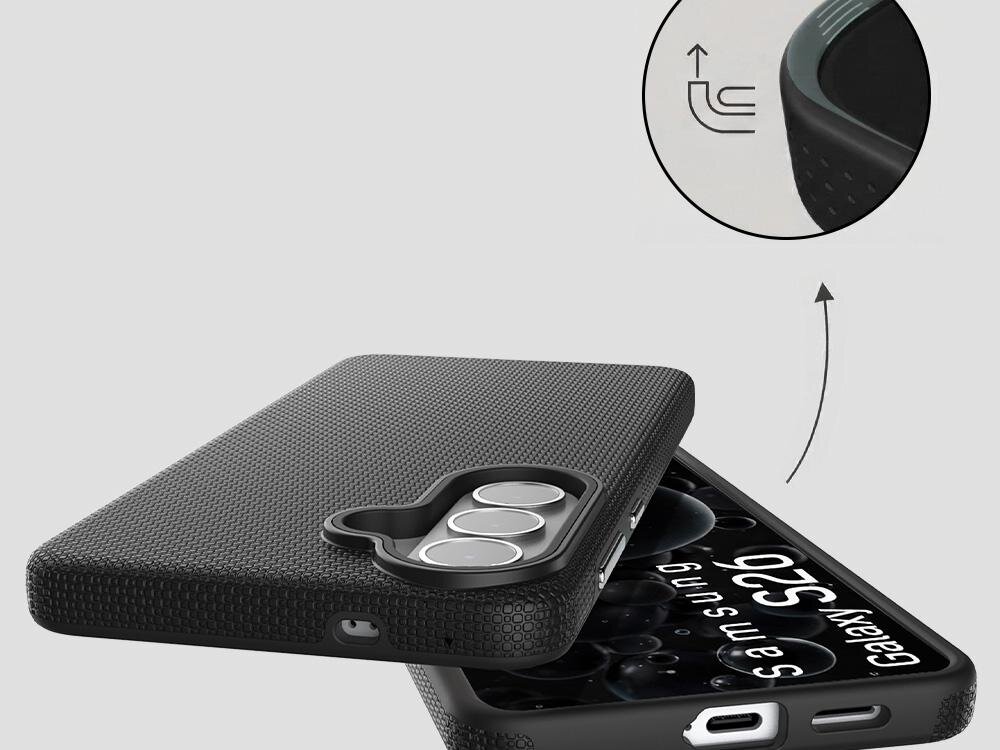 Czarne etui z teksturą, przeznaczone do telefonu Samsung Galaxy S26, z wycięciami na aparat i porty. W górnym rogu znajduje się powiększenie pokazujące elastyczność materiału.