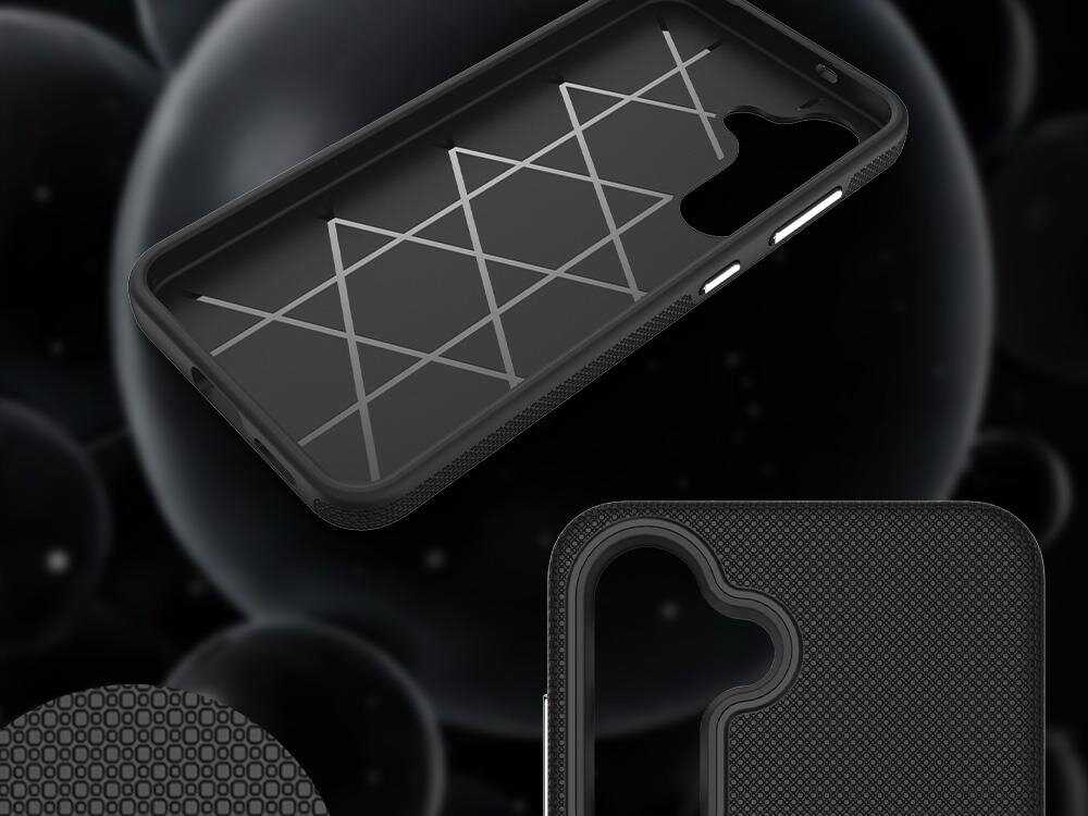 Czarne etui z geometrycznym wzorem na wewnętrznej stronie, przeznaczone do telefonu z wycięciem na aparat. Tło obrazu jest ciemne z widocznymi okręgami.
