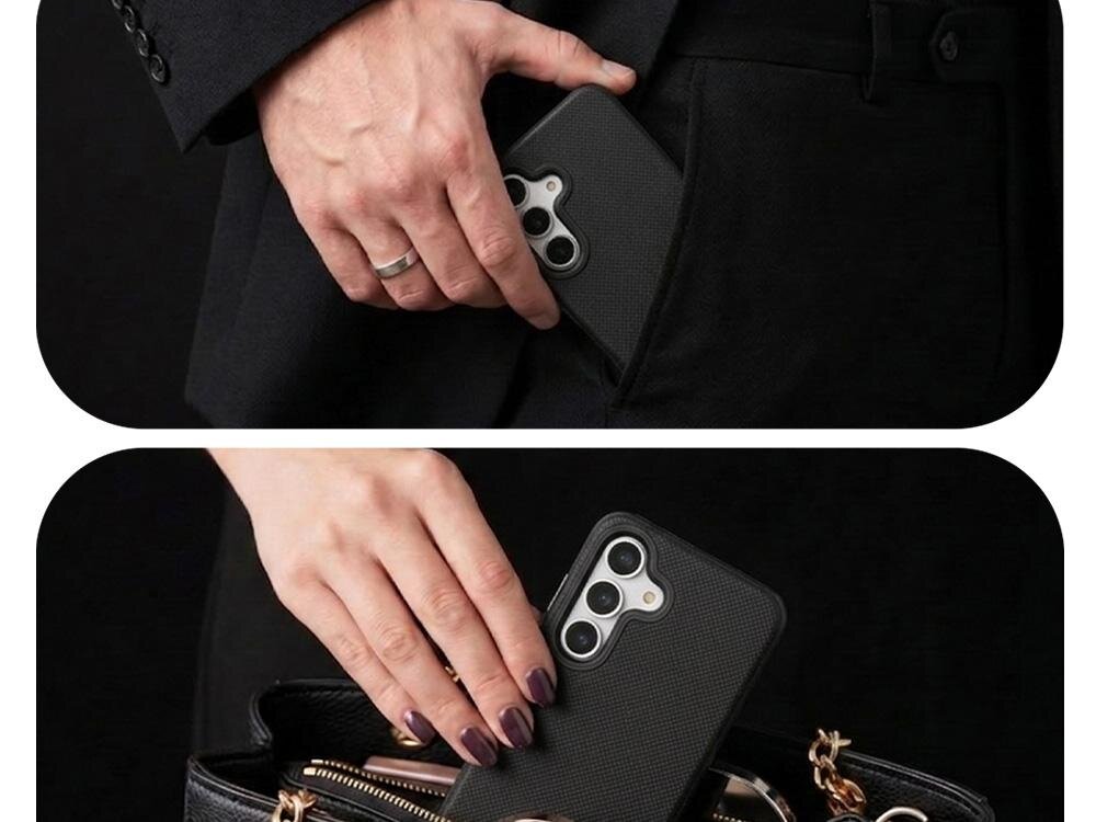 Na obrazie widoczne są dwie osoby trzymające czarne etui na telefon z trzema otworami na aparat. Etui jest wkładane do kieszeni spodni oraz do torebki.