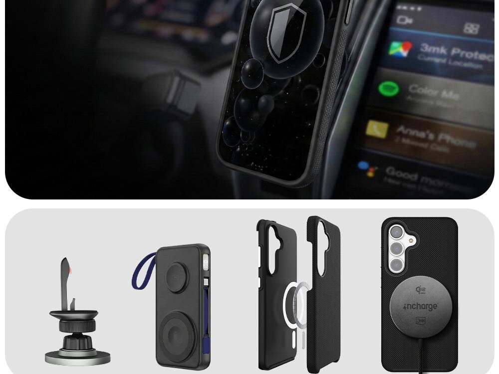 Na górze zdjęcia widać telefon w czarnym etui z widocznym symbolem tarczy na ekranie. Na dole przedstawiono różne akcesoria do telefonu, w tym uchwyt, etui z magnesem i ładowarkę bezprzewodową z napisem \'4ncharge\'.