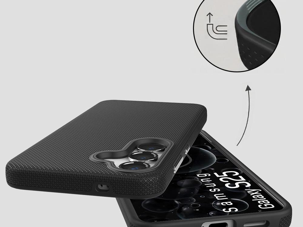 Czarne etui ochronne z teksturą, przeznaczone do telefonu Samsung Galaxy S25, z widocznymi wycięciami na aparat. W prawym górnym rogu znajduje się powiększenie pokazujące szczegóły konstrukcji etui.