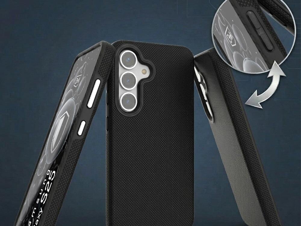 Obraz przedstawia czarne etui ochronne na telefon z trzema widocznymi obiektywami aparatu. W prawym górnym rogu znajduje się powiększenie pokazujące szczegóły tekstury etui oraz przycisków bocznych.