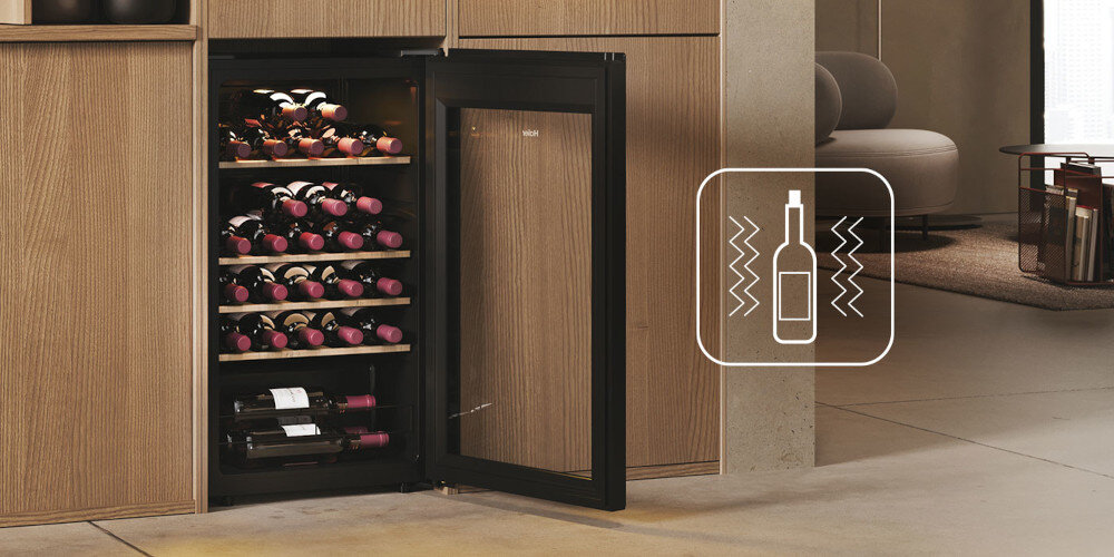 CHŁODZIARKA DO WINA HAIER HWS34GGH1 Pełna ochrona butelek z systemem antywibracyjnym kompresor mniejsze drgania hałas stabilne przechowywanie