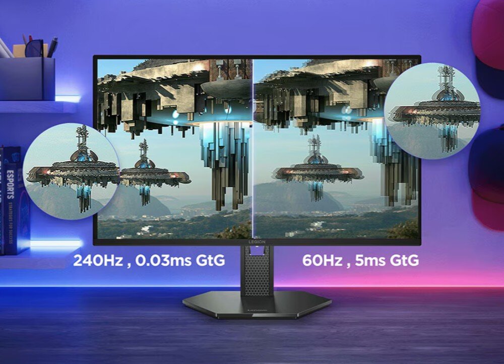 Monitor wyświetla obraz podzielony na dwie części, porównując częstotliwości odświeżania 240Hz, 0.03ms GtG i 60Hz, 5ms GtG. W tle widoczne są futurystyczne budowle, a na dole monitora znajduje się logo Legion.