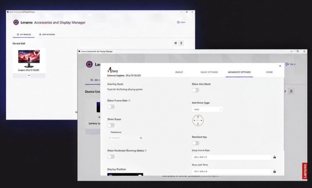 Na ekranie widoczny jest interfejs oprogramowania Lenovo Accessories and Display Manager z ustawieniami zaawansowanymi dla monitora Lenovo Legion 27Q-10 OLED. W prawym dolnym rogu znajduje się logo Lenovo.