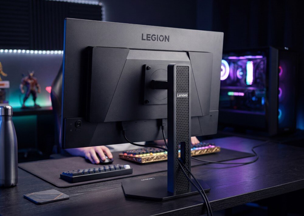 Monitor z logo \'LEGION\' na tylnej obudowie, ustawiony na biurku z klawiaturą i myszką. W tle widoczny jest komputer z podświetleniem RGB.