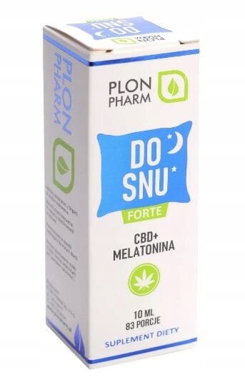 Opakowanie produktu Plon Pharm Do Snu o pojemności 10 ml, zawierające CBD i melatoninę. Na opakowaniu widnieje napis \'DO SNU FORTE\' oraz symbol liścia.