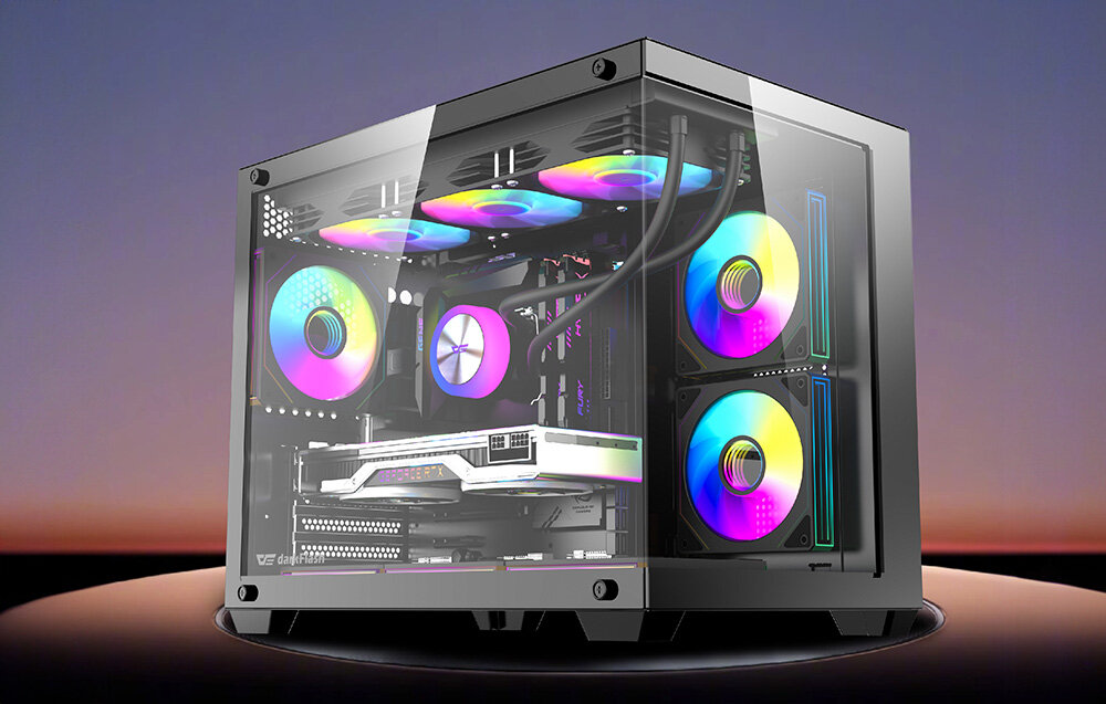 Obudowa DARKFLASH B275 PRO Czarny + 6 wentylatorów, obudowa PC, gaming, design, komputer, Zmontowany komputer z kolorowym podświetleniem.