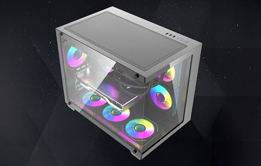 Obudowa DARKFLASH B275 PRO Czarny + 6 wentylatorów, szkło, 270°, RGB, wnętrze, Widok z góry na komputer z podświetleniem RGB.