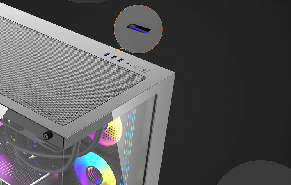 Obudowa DARKFLASH B275 PRO Czarny + 6 wentylatorów, USB 3.0, USB 2.0, audio, panel, Zbliżenie na porty i przyciski na panelu górnym.