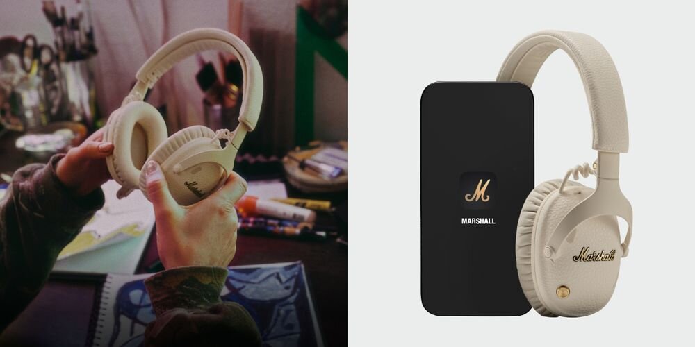 Słuchawki nauszne MARSHALL Monitor III ANC Soundstage przestrzenny dźwięk aplikacja Marshall Bluetooth, słuchawki na jasnym tle