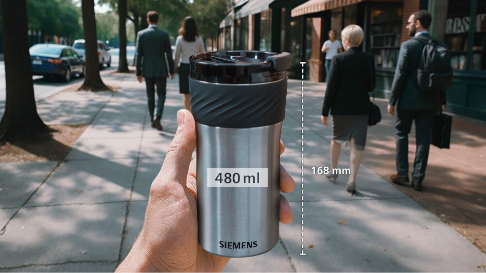 Osoba trzyma stalowy termos z czarną pokrywką, na którym widnieje napis \'480 ml\' oraz \'SIEMENS\'. W tle widać ulicę z przechodniami i zaparkowanymi samochodami.