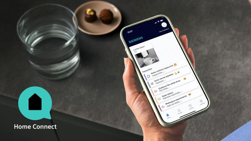 Ekspres SIEMENS EQ.900 TQ927E05 iAroma (Cold Brew) sterowanie przez aplikacje HomeConnect sterowanie przez aplikacje HomeConnect  Bądź połączony aplikacji Home Connect kawa wygodnie z poziomu smartfona