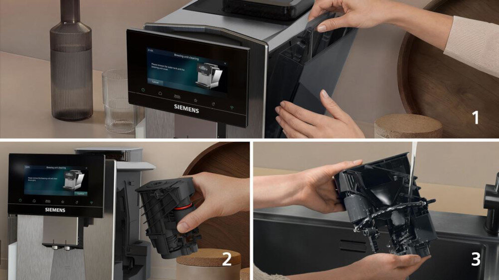 Ekspres SIEMENS EQ.900 TQ923EZ3 iAroma (Cold Brew) sterowanie przez aplikacje HomeConnect Łatwa higiena Wyjmowana jednostka zaparzająca 