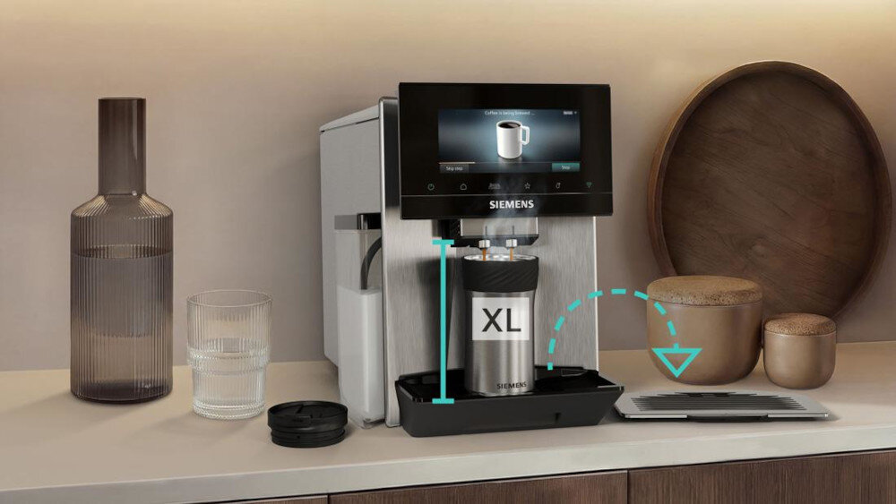 Ekspres SIEMENS EQ.900 TQ923EZ3 iAroma (Cold Brew) sterowanie przez aplikacje HomeConnect Taca XL napój XL kubki typ ToGo możliwości kawa