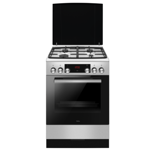Kuchnia wolnostojąca z czterema palnikami gazowymi i piekarnikiem elektrycznym. Na panelu przednim widoczny jest wyświetlacz z czerwonymi cyframi oraz pokrętła do regulacji.