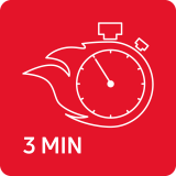Czerwona ikona z białym symbolem stopera otoczonego płomieniem oraz napisem \'3 MIN\'.