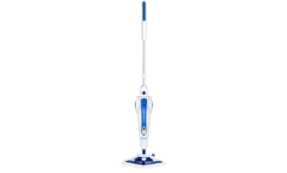 Na obrazie widoczny jest biało-niebieski mop parowy z długim uchwytem. Na urządzeniu znajduje się logo \'TESLA\'.