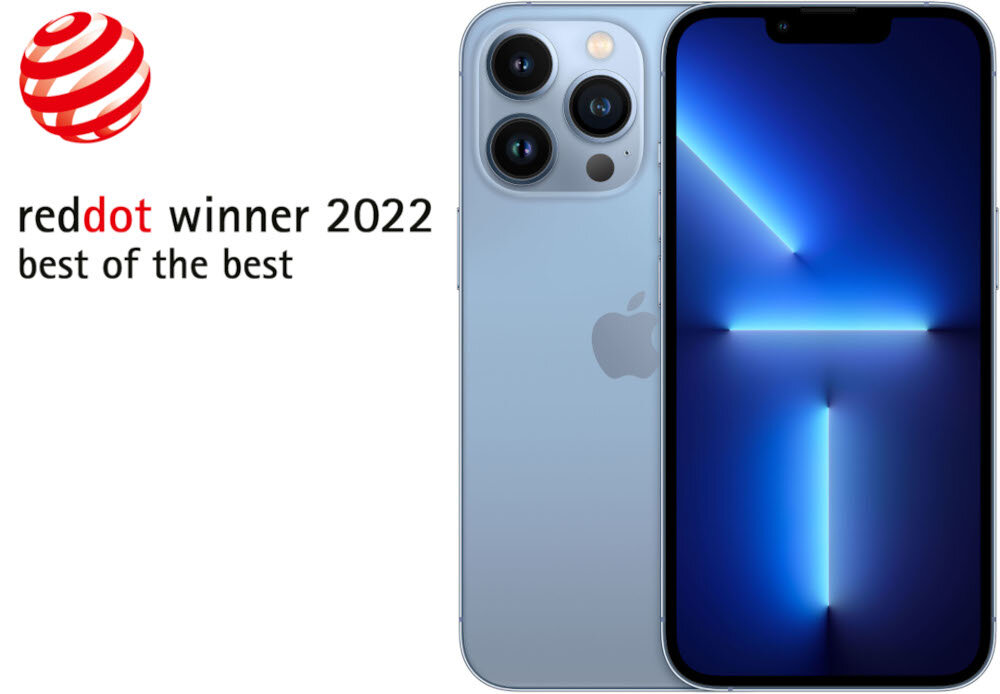 Na obrazie widoczny jest smartfon w kolorze błękitnym z trzema aparatami z tyłu oraz ekranem wyświetlającym abstrakcyjny wzór. Obok znajduje się tekst: \'reddot winner 2022 best of the best\'.