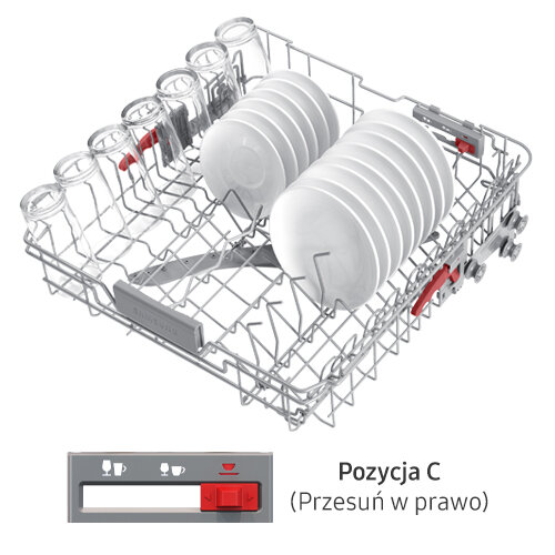 Kosz zmywarki z ułożonymi talerzami i szklankami. Poniżej znajduje się panel z napisem \'Pozycja C (Przesuń w prawo)\'.