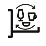 Ikona przedstawia kieliszek, filiżankę i talerz w okręgu z dwoma strzałkami wskazującymi ruch obrotowy.