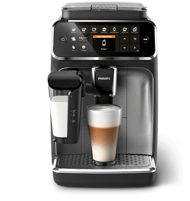 Ekspres do kawy z wyświetlaczem dotykowym, na którym widoczny jest napis \'Latte Macchiato\'. Na przodzie urządzenia znajduje się logo \'PHILIPS\' oraz filiżanka z kawą z mleczną pianką.
