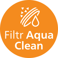 Pomarańczowe koło z białym tekstem \'Filtr Aqua Clean\' oraz ikoną kropli wody i trójkątów.