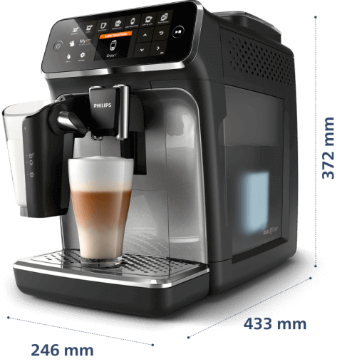 Ekspres do kawy z wyświetlaczem dotykowym i logo PHILIPS, z filiżanką kawy pod dyszą. Wymiary urządzenia to 246 mm x 433 mm x 372 mm.
