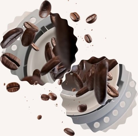 Obraz przedstawia ziarna kawy unoszące się w powietrzu na tle elementu mechanicznego z ząbkowanymi krawędziami. Ziarna są w różnych pozycjach, co sugeruje ruch.