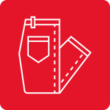 Ikona przedstawia białe spodnie na czerwonym tle, z widocznymi szwami i kieszenią.