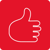 Czerwona ikona z białym konturem kciuka uniesionego do góry.