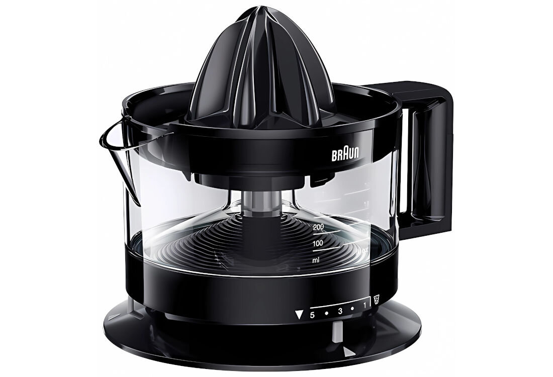 Wyciskarka do cytrusów BRAUN CJ3000BK moc pojemność technologia Start & Stop 5-stopniowa skala sok preferencje naprzemienne obroty stożka w lewo w prawo