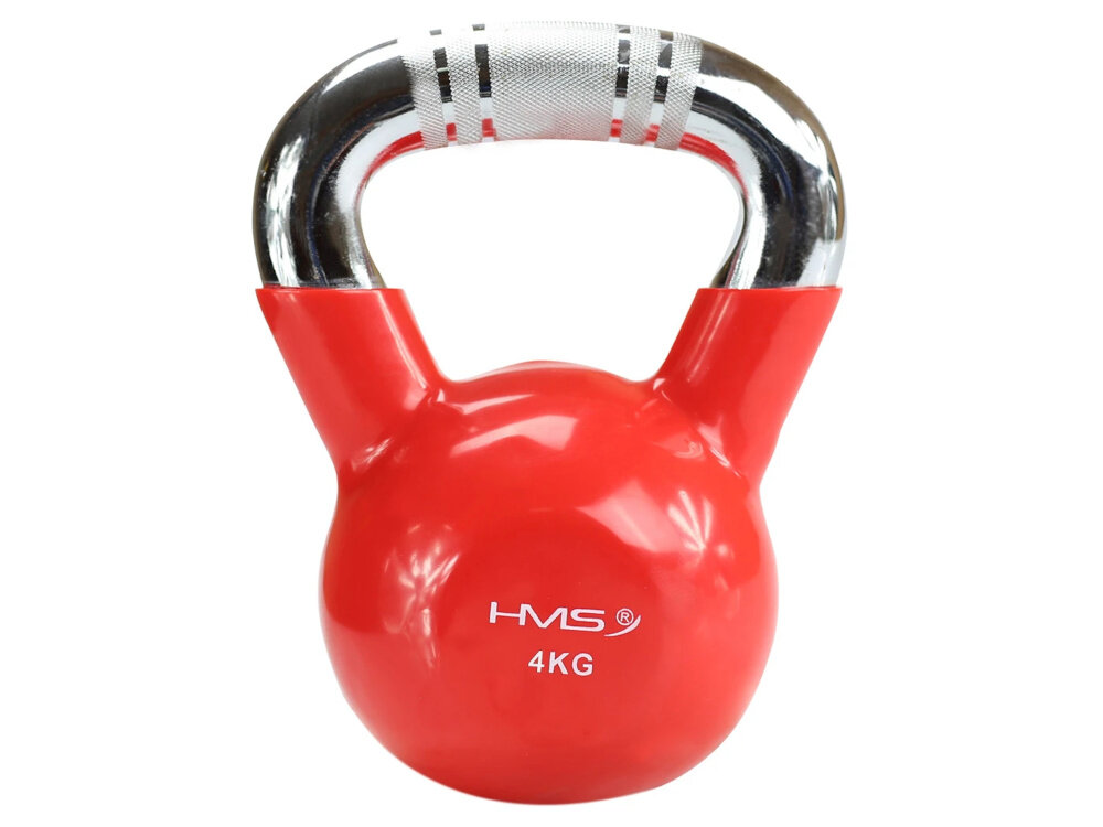 Kettlebell HMS KTC04 (4 kg) kettlebell na białym tle widoczny od przodu wga 4 kg kompleksowy trening siłowy i kondycyjny ćwiczenia wielostawowe angażują mięśnie całego ciała poprawiają koordynację ruchową zwiększają wydolność organizm wspomaga spalanie kalori kształtuje sylwetkę wzmacnia mięśnie ramion nóg i tułowia