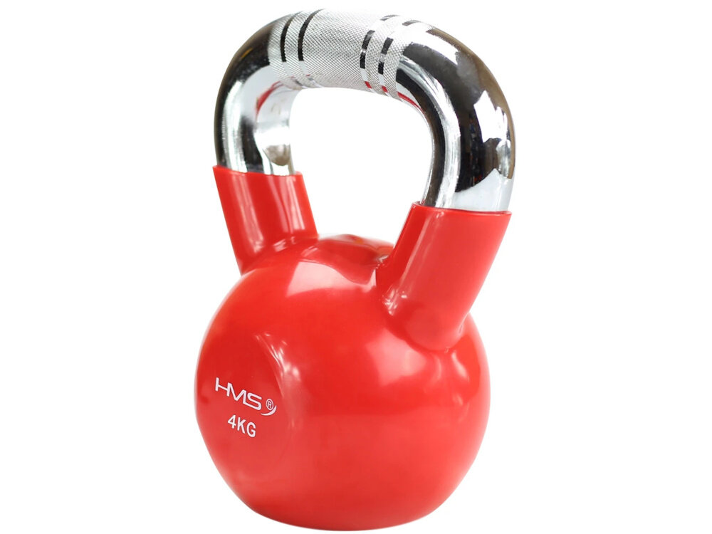 Kettlebell HMS KTC04 (4 kg) kettlebell na białym tle widoczny od przodu pod skosem z wysokiej jakości żeliwa pokrytego warstwą winylu ochrona przed uszkodzeniami i zwiększa trwałość sprzętu aktywują głębokie partie mięśniowe wsparcie w budowaniu siły funkcjonalnej oraz stabilności całego ciała zwiększa wydolność mięśni poprawia postawę ułatwia wykonywanie codziennych czynności