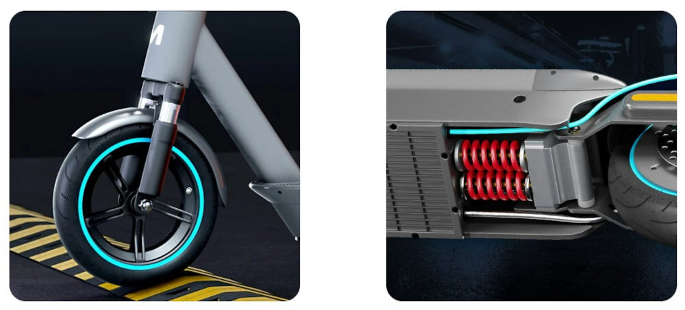 Obraz przedstawia dwa zbliżenia hulajnogi elektrycznej z turkusowymi akcentami na kołach. Po lewej stronie widoczny jest przedni widelec i koło, a po prawej stronie ukazany jest mechanizm zawieszenia z czerwonymi sprężynami.