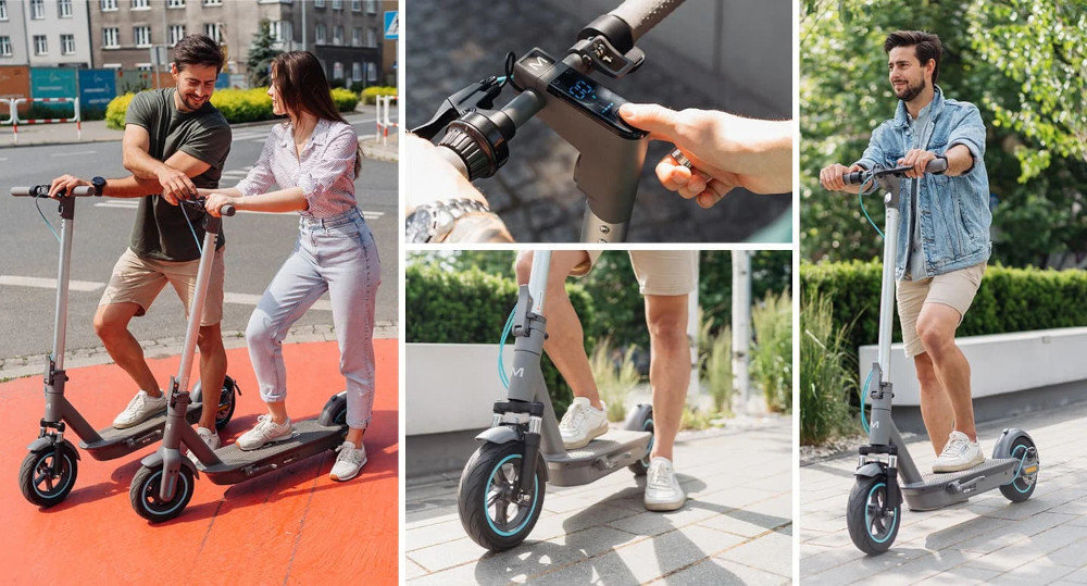 Na zdjęciu widać kilka ujęć osób korzystających z elektrycznych hulajnóg na zewnątrz. Hulajnogi mają turkusowe akcenty i wyświetlacz na kierownicy.