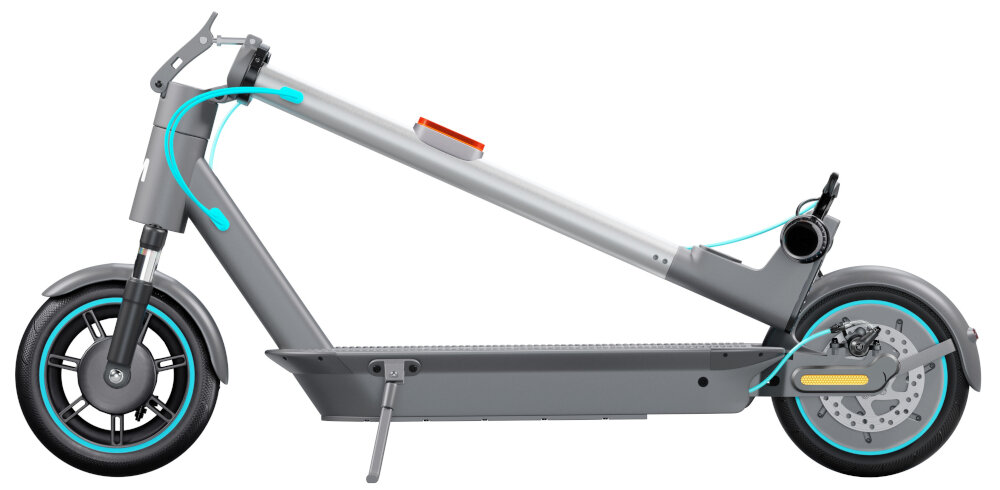 Na obrazie widoczna jest złożona hulajnoga elektryczna w kolorze szarym z turkusowymi akcentami. Posiada duże koła, kierownicę oraz elementy mechaniczne, takie jak hamulce i podpórka.