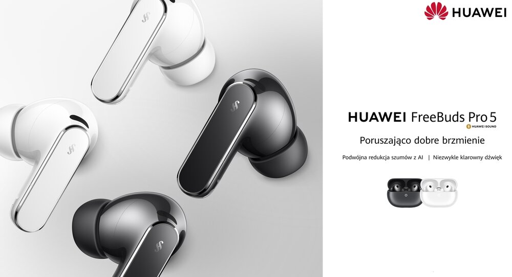 Na obrazie widoczne są słuchawki dokanałowe w kolorach białym i ciemnoszarym, z logo producenta. Obok znajduje się tekst: \'HUAWEI FreeBuds Pro 5\', \'Poruszająco dobre brzmienie\', \'Podwójna redukcja szumów z AI\', \'Niezwykle klarowny dźwięk\'.