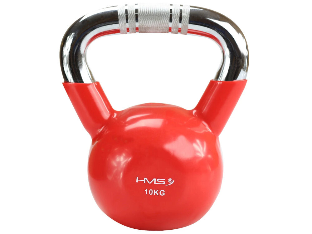 Kettlebell HMS KTC10 (10 kg) kettlebell na białym tle widoczny od przodu wga 10 kg kompleksowy trening siłowy i kondycyjny ćwiczenia wielostawowe angażują mięśnie całego ciała poprawiają koordynację ruchową zwiększają wydolność organizm wspomaga spalanie kalori kształtuje sylwetkę wzmacnia mięśnie ramion nóg i tułowia