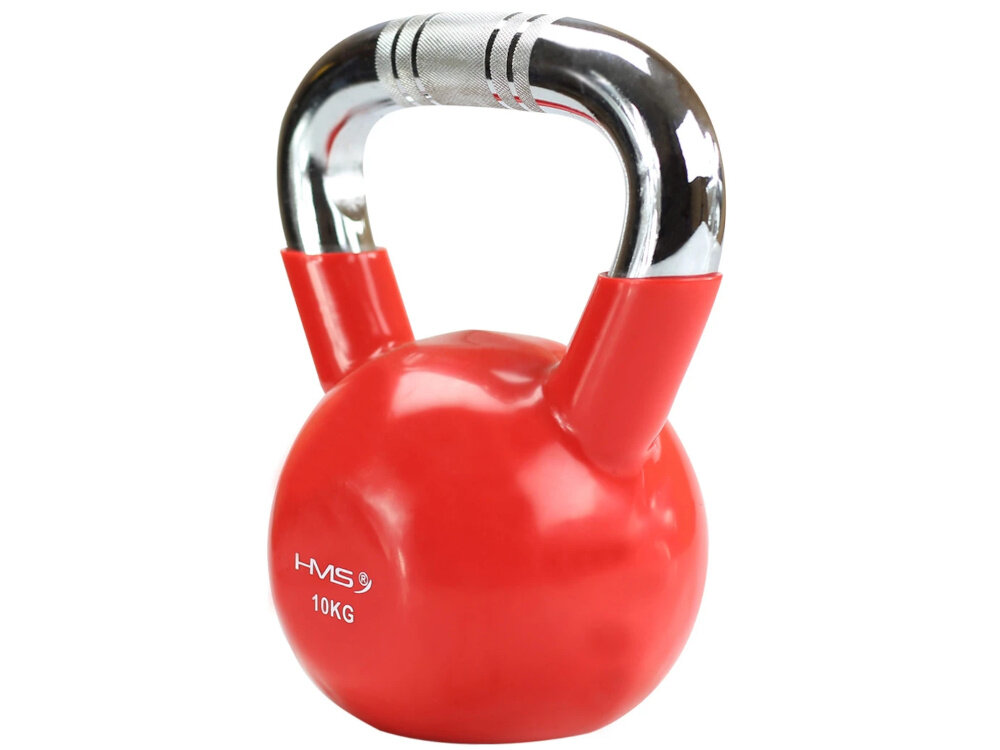 Kettlebell HMS KTC10 (10 kg) kettlebell na białym tle widoczny od przodu pod skosem z wysokiej jakości żeliwa pokrytego warstwą winylu ochrona przed uszkodzeniami i zwiększa trwałość sprzętu aktywują głębokie partie mięśniowe wsparcie w budowaniu siły funkcjonalnej oraz stabilności całego ciała zwiększa wydolność mięśni poprawia postawę ułatwia wykonywanie codziennych czynności
