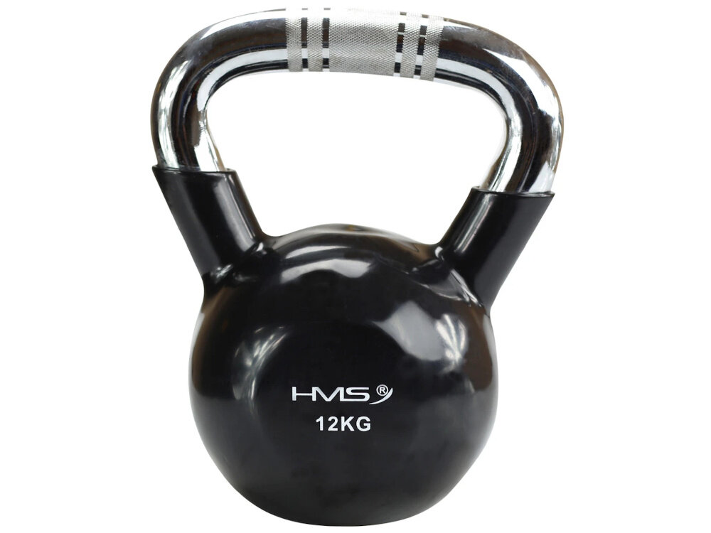 Kettlebell HMS KTC12 (12 kg) kettlebell na białym tle widoczny od przodu wga 12 kg kompleksowy trening siłowy i kondycyjny ćwiczenia wielostawowe angażują mięśnie całego ciała poprawiają koordynację ruchową zwiększają wydolność organizm wspomaga spalanie kalori kształtuje sylwetkę wzmacnia mięśnie ramion nóg i tułowia